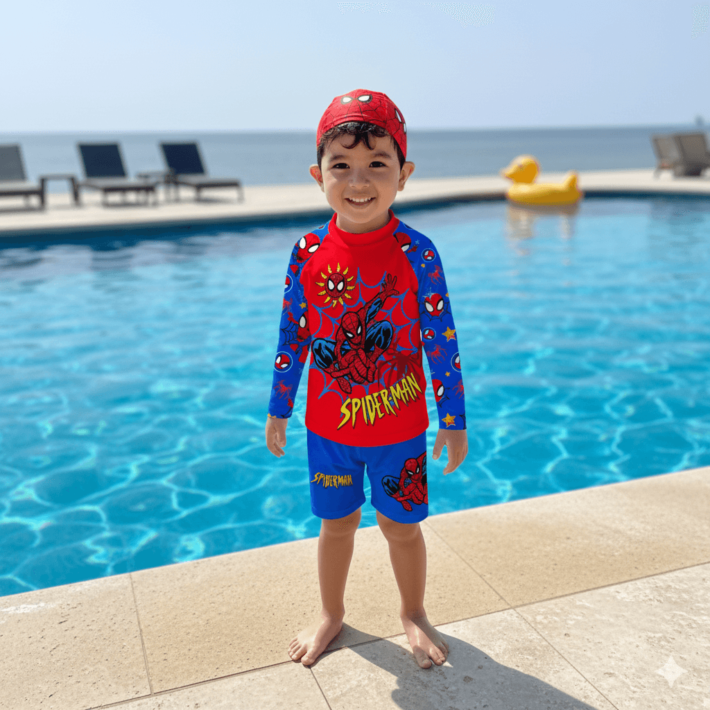 ropa-de-bano-spiderman-ninos-proteccion-uv50-la-mirilla-kids Conjunto de ropa de baño de Spiderman para niños de dos piezas con protección solar UV50+ y gorro de regalo