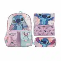 Set escolar Stitch Disney original en color gris y rosado con mochila de hombros, lonchera térmica y cartuchera premium.