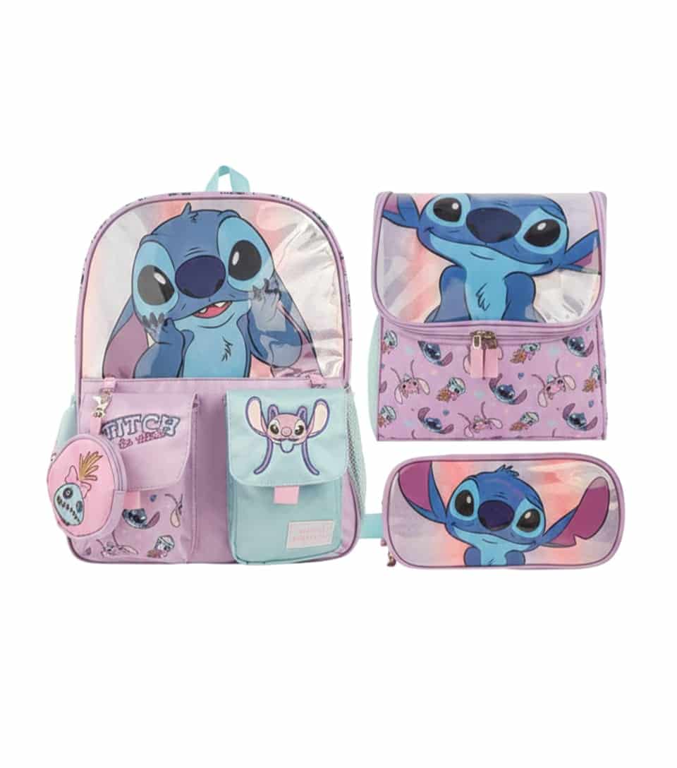 set-escolar-stitch-disney-original-gris-rosado-peru Set escolar Stitch Disney original en color gris y rosado con mochila de hombros, lonchera térmica y cartuchera premium.