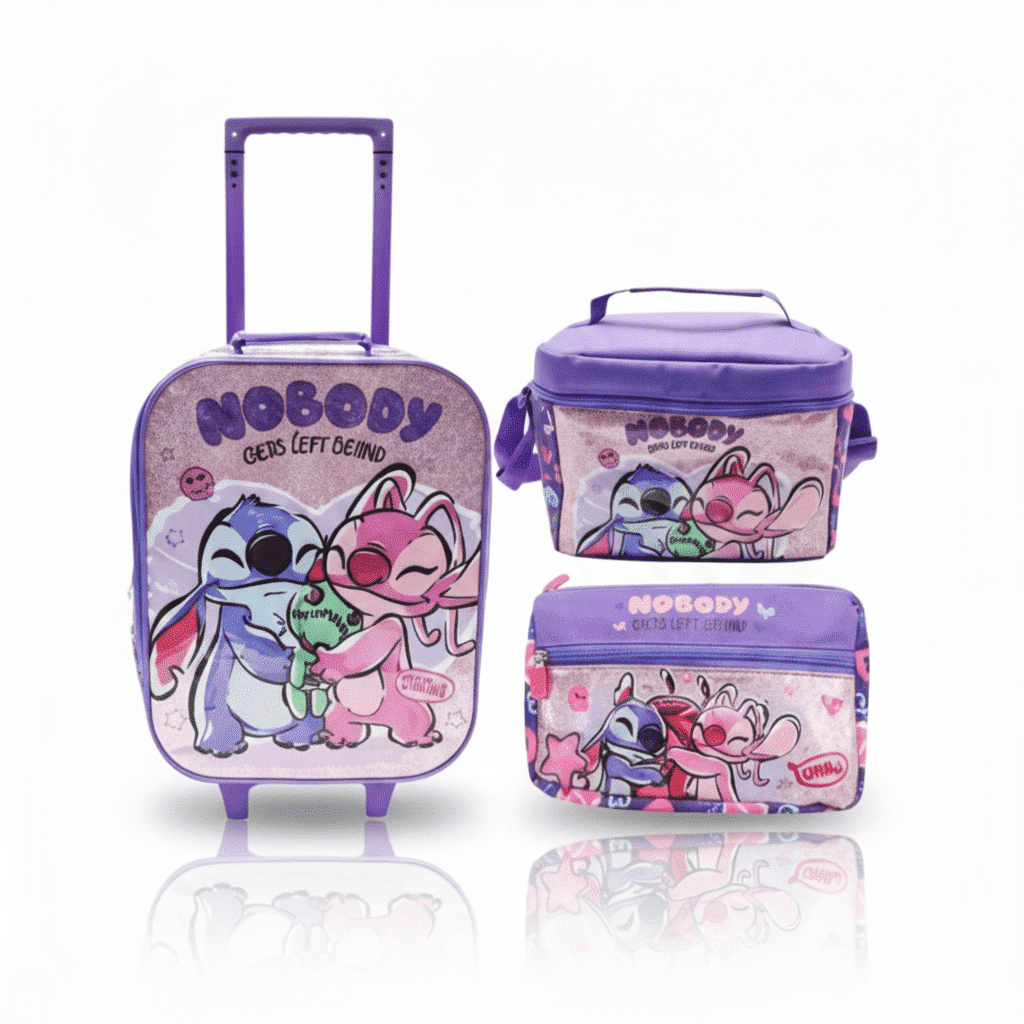 set-escolar-stitch-original-tornasolado-peru Set escolar Stitch lila original con maleta de ruedas morada, lonchera térmica y cartuchera premium de Disney.